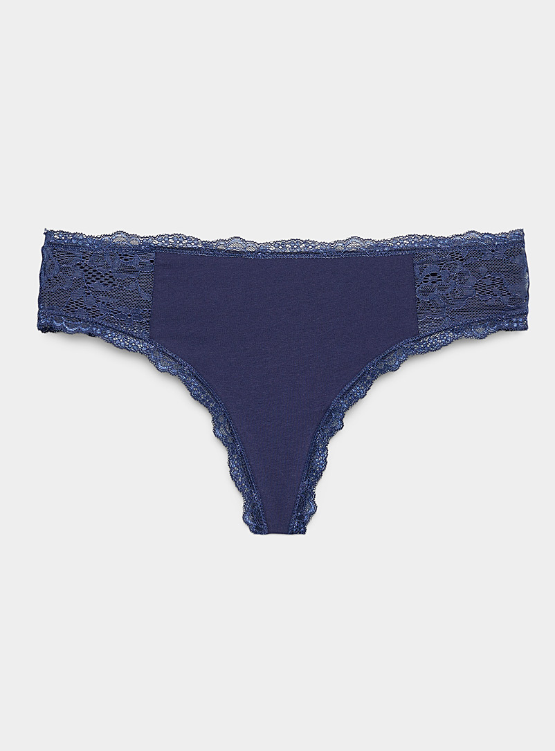 Miiyu Dark Blue Organic cotton lace-trim thong for women