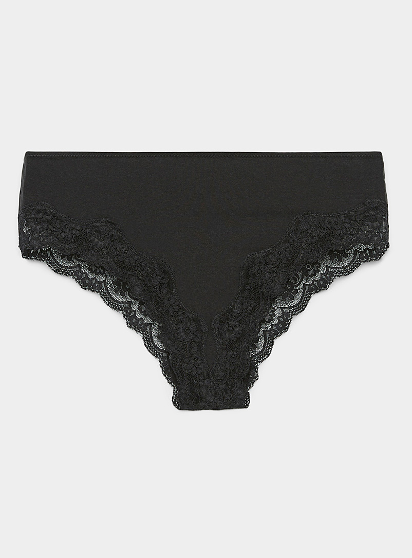 Miiyu Black Lace trim cotton Brazilian panty for women