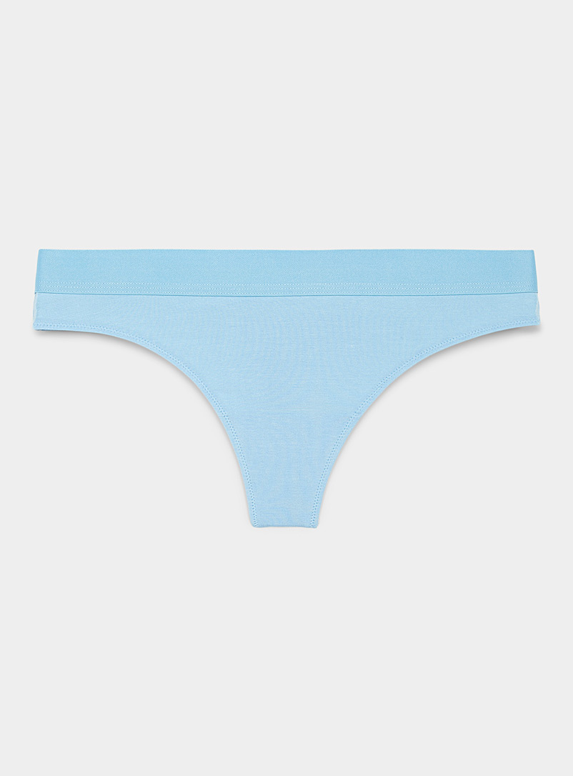 Microfiber and Wide Lace Band Thong Panty - Twilight blue