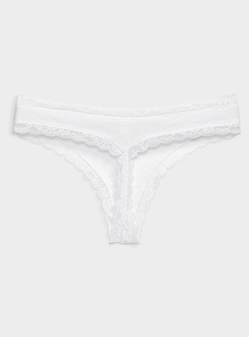 Miiyu White Lace-trim thong Organic cotton and nylon for women