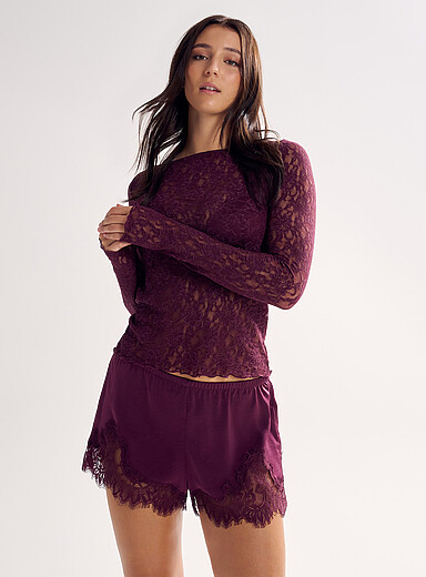 Miiyu Grape/Dark Crimson Wavy trim pure lace T-shirt for women