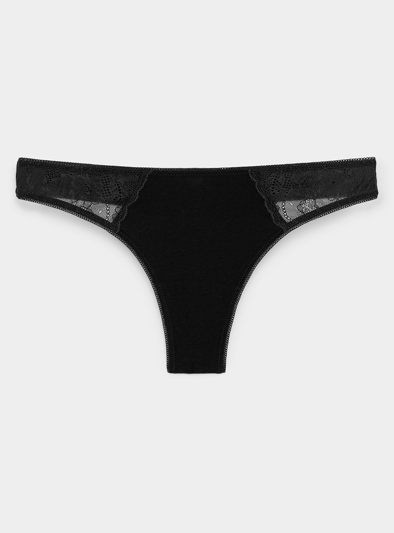 Miiyu Lace Accents Organic Cotton Thong In Black