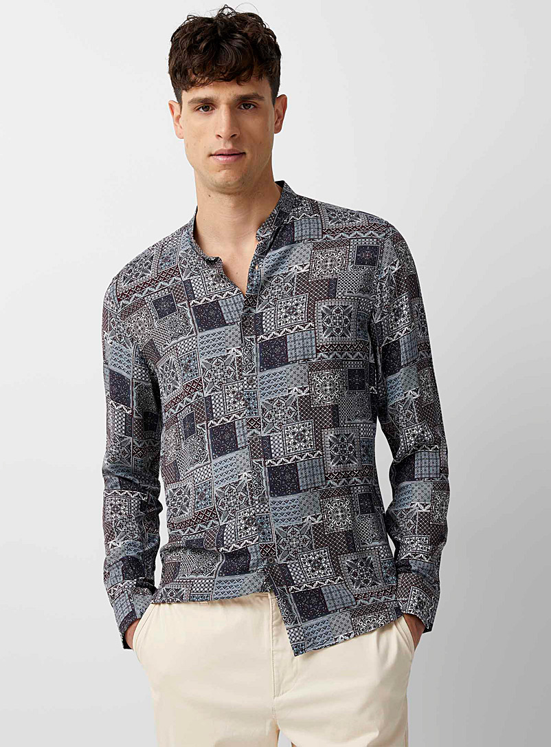 Gianni Lupo Blue Patchwork mosaic shirt for men