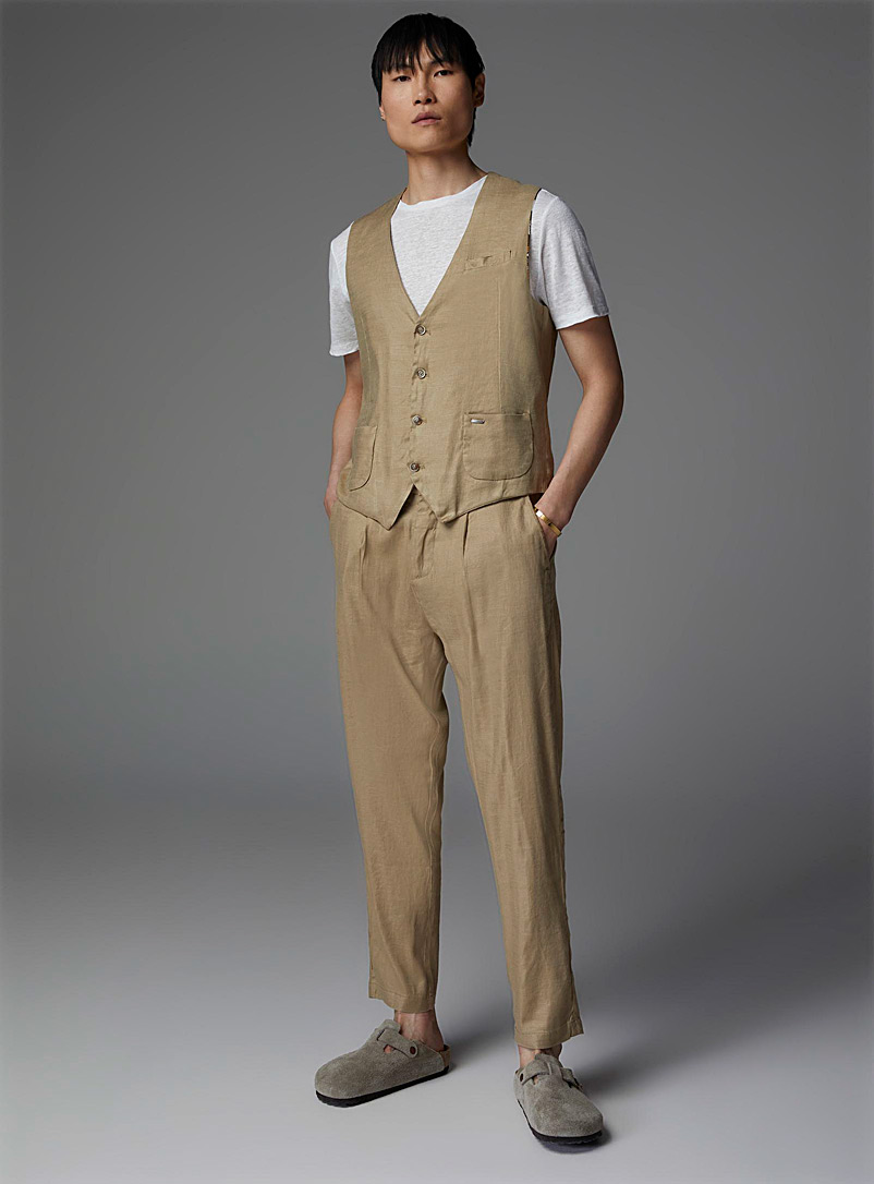 Gianni Lupo: Le pantalon lin plis plats Coupe fuselée Miel chameau pour homme