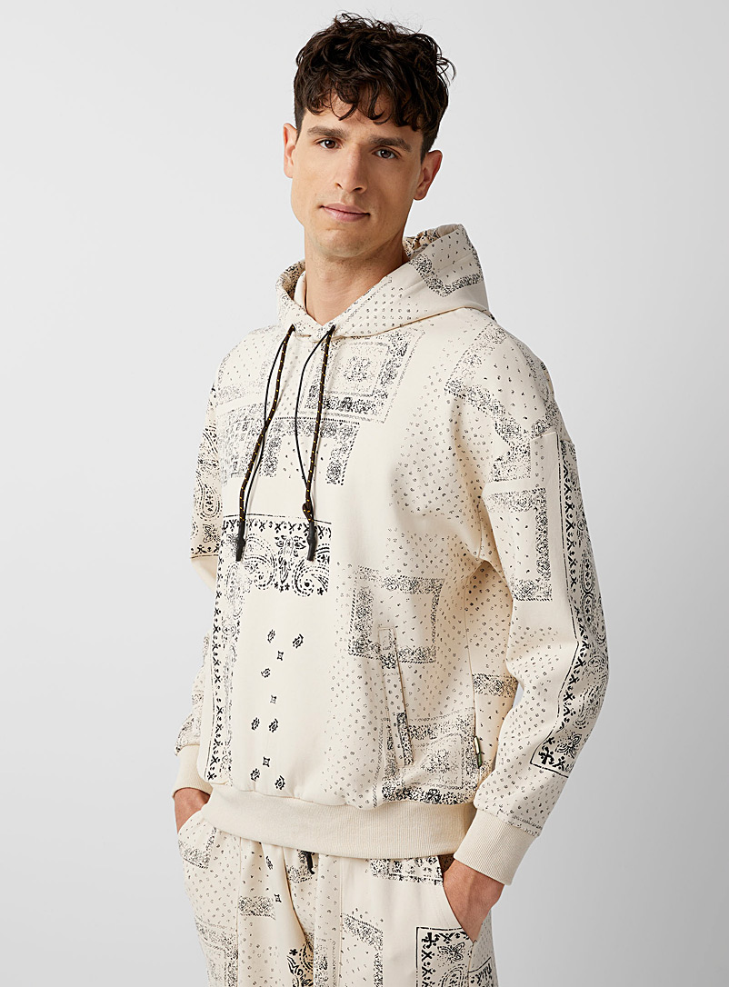 Le 31 Cream Beige Faded paisley patchwork hoodie for men