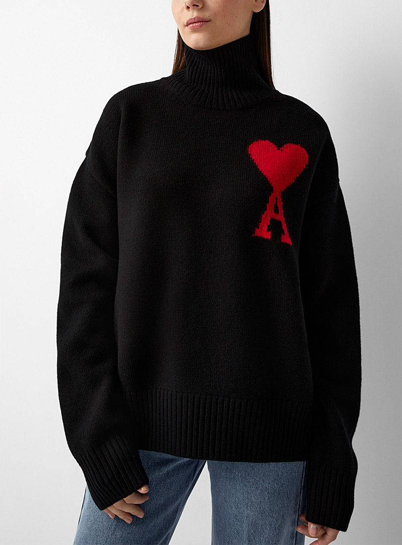 Ami: Le pull maille Ami de Cœur col montant Noir pour femme