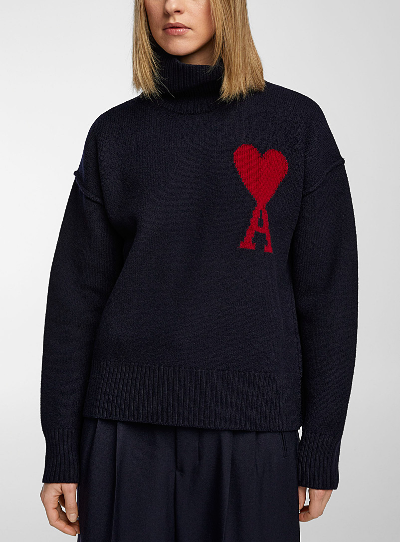 Ami Marine Blue Ami de Coeur stand-collar knit sweater for women
