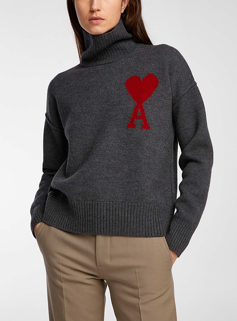 Ami Dark Grey Ami de Coeur stand-collar knit sweater for women