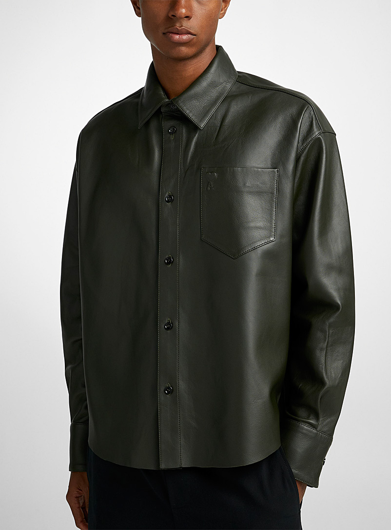 Ami Mossy Green Embossed logo leather overshirt for men
