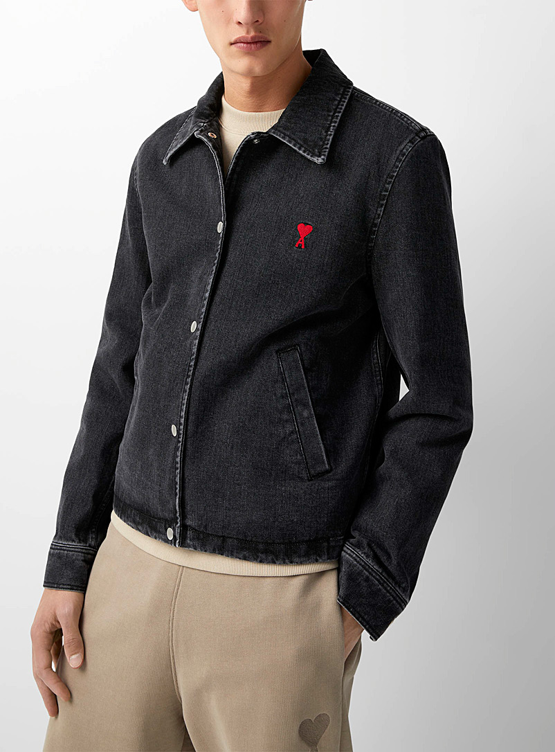 Ami Black Embroidered logo denim jacket for men
