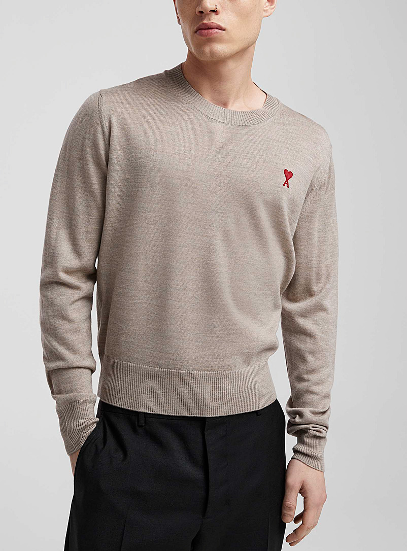 Ami Ivory/Cream Beige Embroidered hearts logo sweater for men