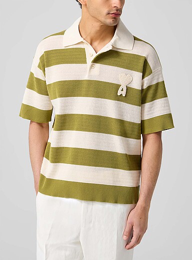 Ami: Le polo rayures blocs logo crochet Blanc cass&eacute; pour homme