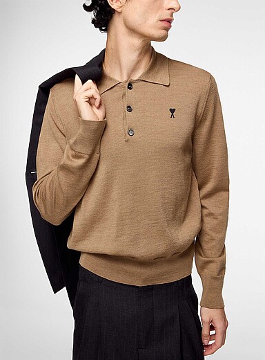 Ami Honey/Camel Pure merino polo for men