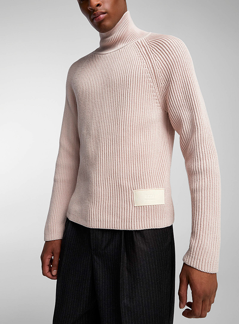 Ami Pink Ribbed mock-neck sweater for men