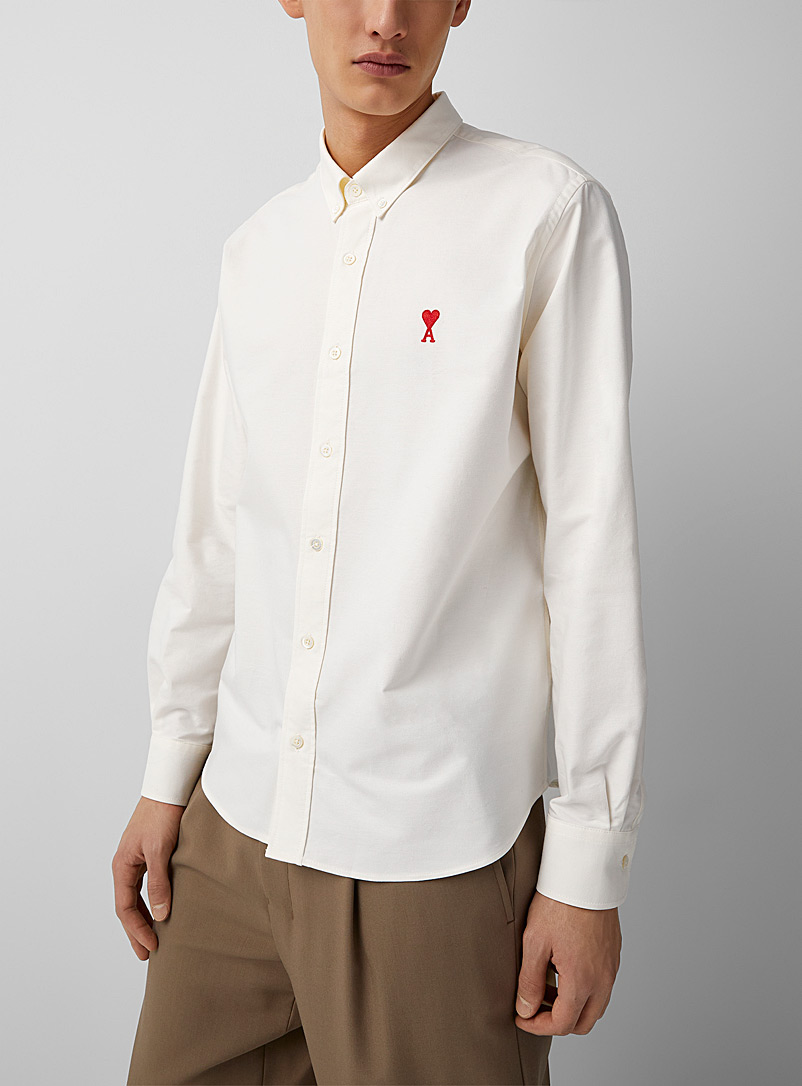 Ami Ivory White Signature embroidery Oxford shirt for men