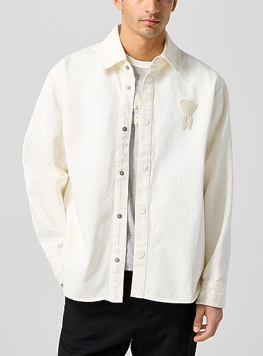 Ami: La surchemise denim ivoire logo crochet Blanc cass&eacute; pour homme