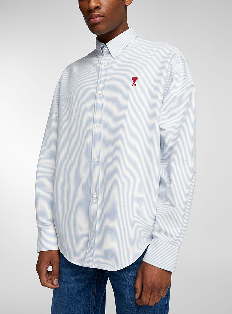 Ami Blue Embroidered logo striped Oxford shirt for men