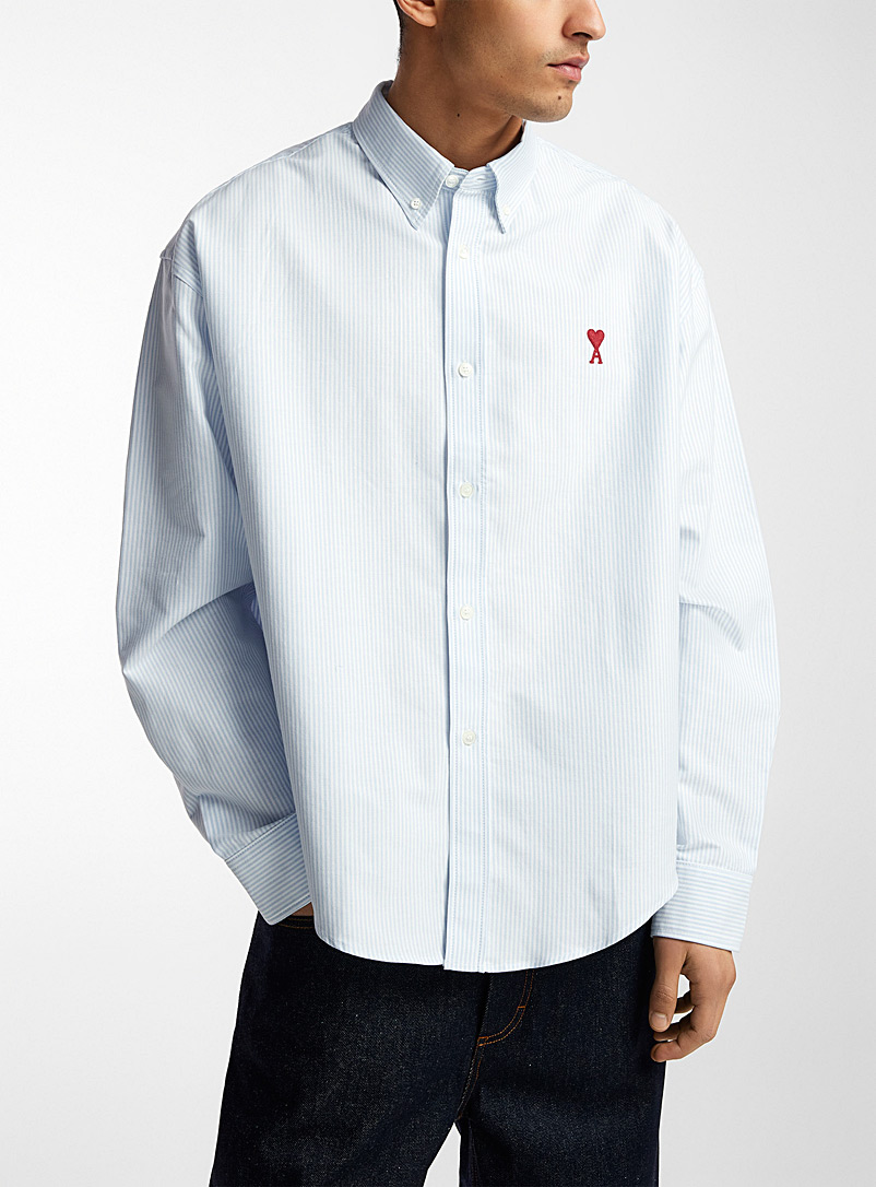 Ami Baby Blue Embroidered logo striped Oxford shirt for men