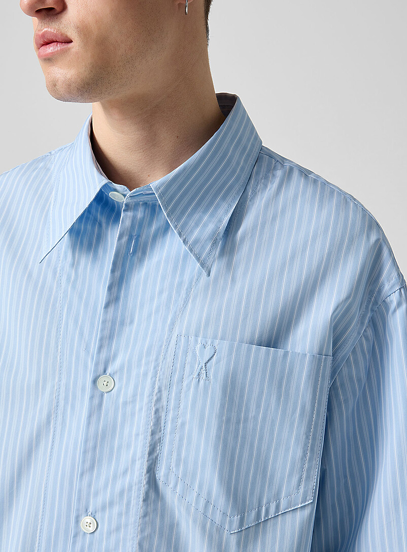 Ami Light blue Embossed logo striped poplin shirt for men