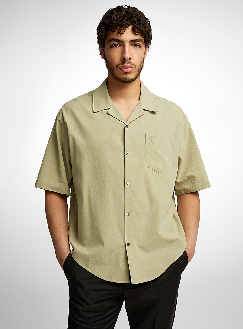 Ami Mossy Green Embroidered pocket casual shirt for men