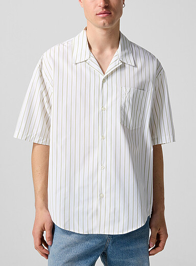 Ami: La chemise cabana ray&eacute;e logo emboss&eacute; Blanc pour homme