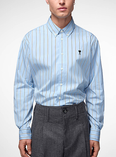 Ami Blue Embroidered logo striped poplin shirt for men