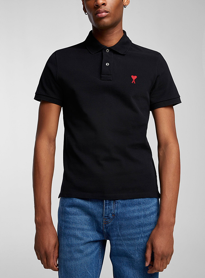 Ami Black Ami de Coeur mini-logo piqué polo shirt for men