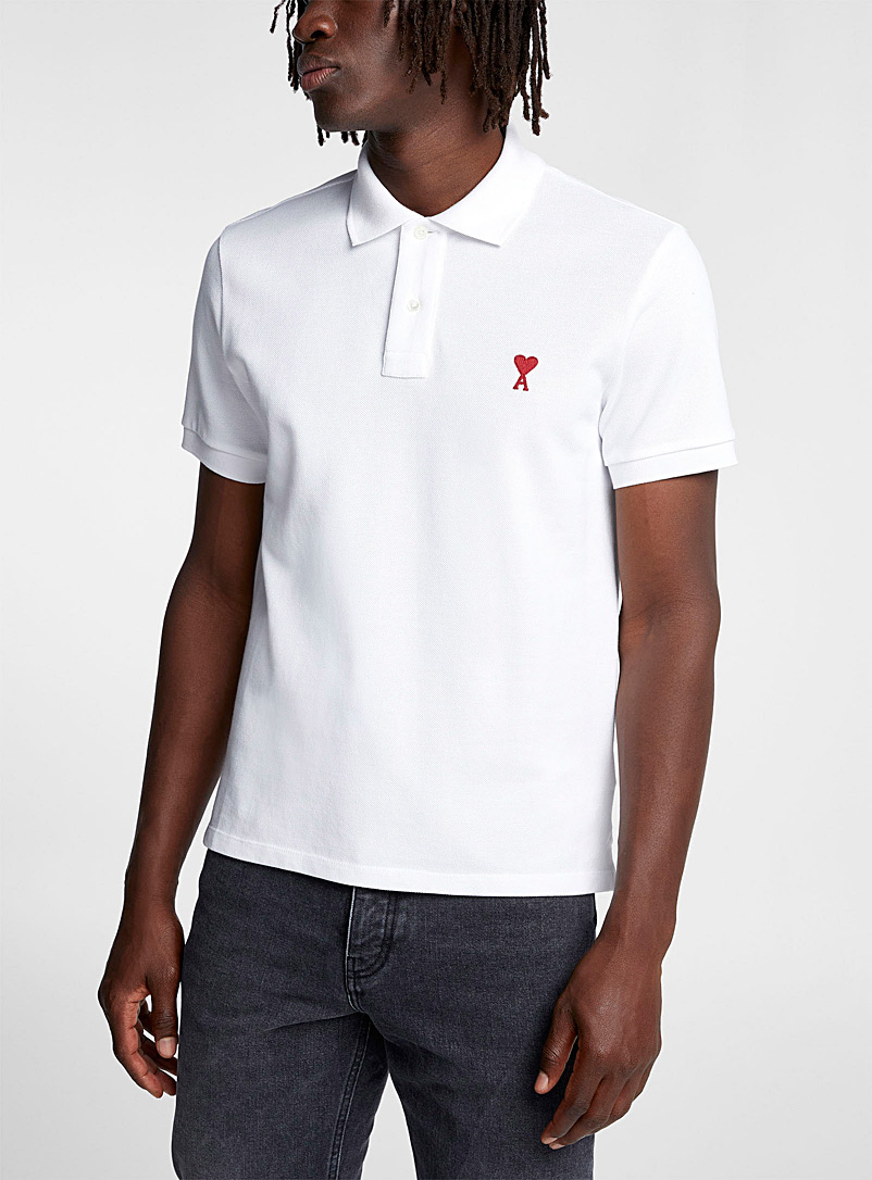 Ami White Ami de Coeur mini-logo piqué polo shirt for men