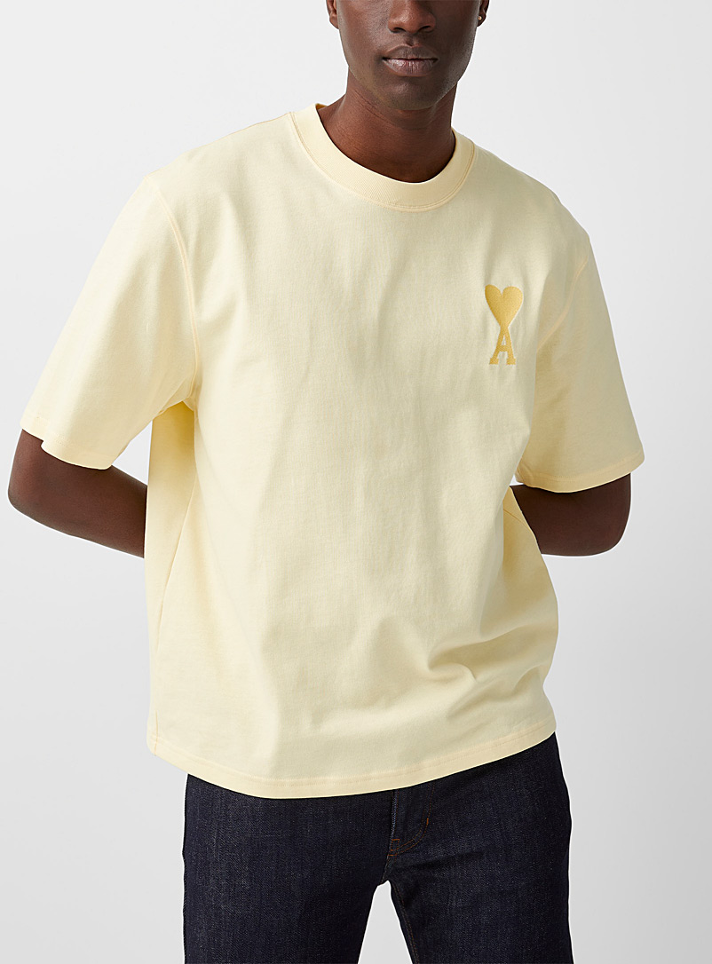 Ami Bright Yellow Stitched Ami logo T-shirt for men
