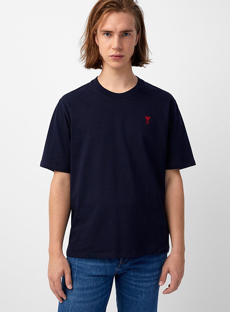 Ami Dark Blue Ami de Coeur loose embroidered T-shirt for men