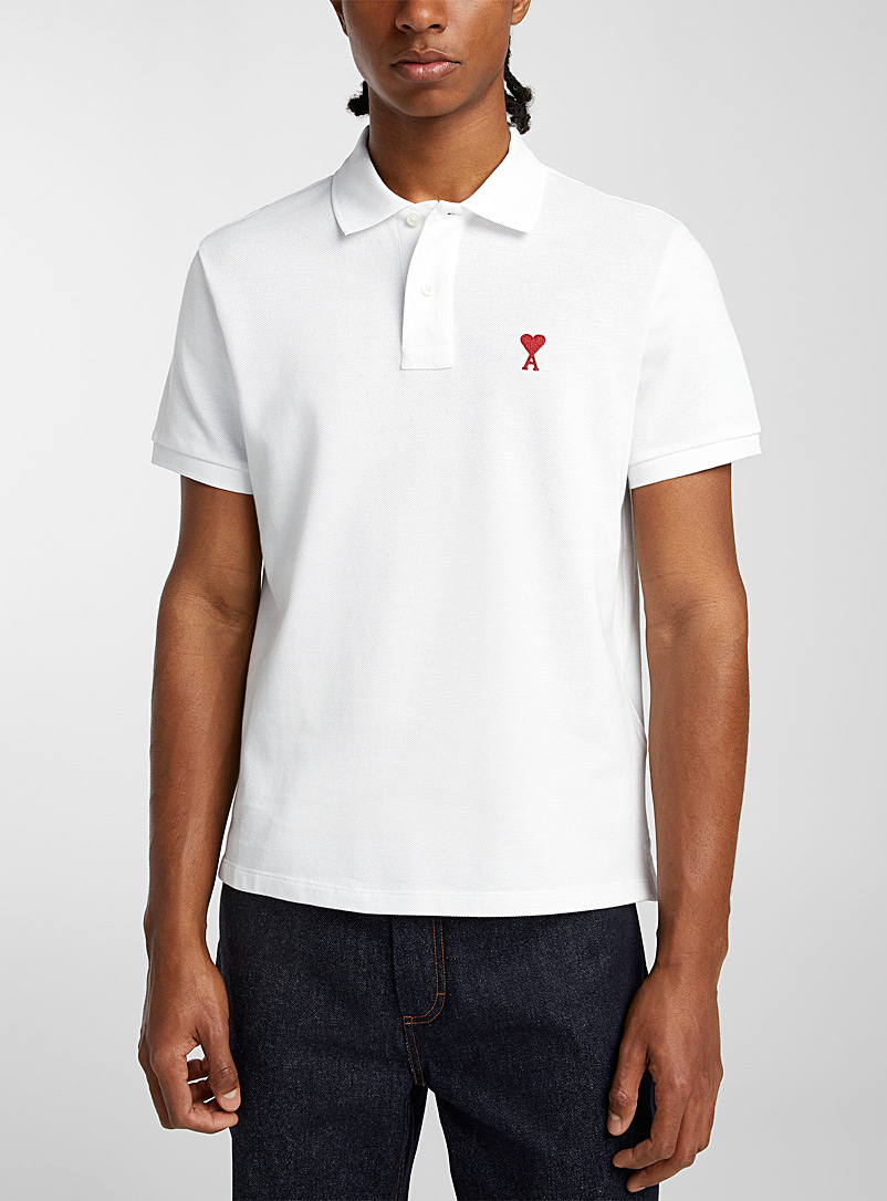 Ami White Embroidered mini logo piqué polo for men