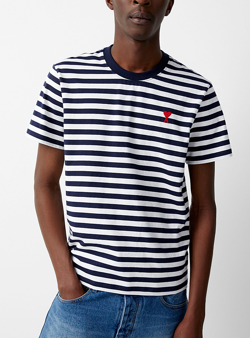 Ami Patterned Blue Embroidered logo striped T-shirt for men