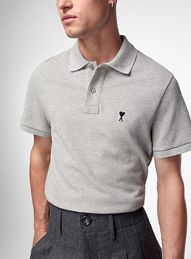 Ami Grey Embroidered mini logo piqu&eacute; polo for men