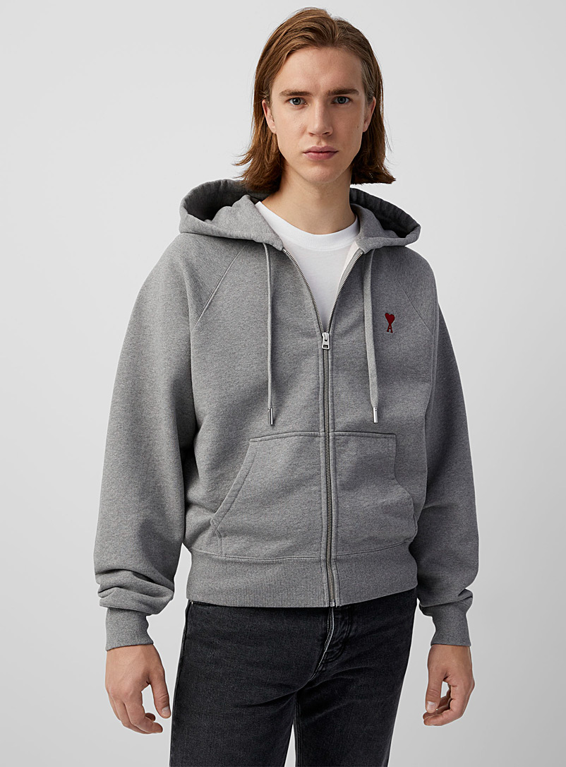 Ami Light Grey Embroidered mini-logo zippered hoodie for men