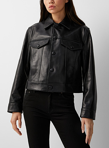 Ami Black Boxy-fit leather jacket for women