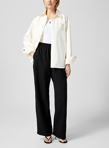 Ami Black Elastic waist linen-blend pant for women