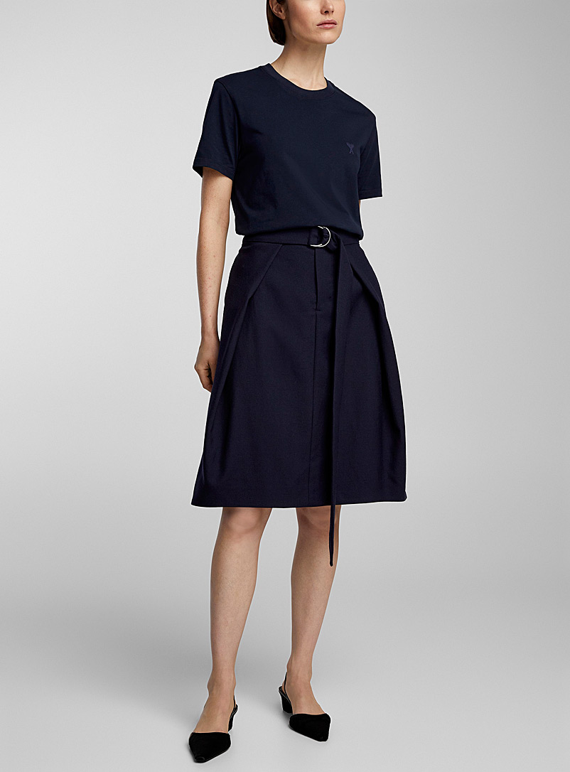 Ami Dark Blue Belted virgin wool skirt for women