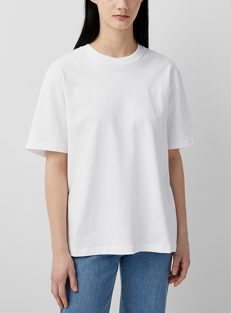 Ami White Monochrome appliqué Ami de Coeur T-shirt for women