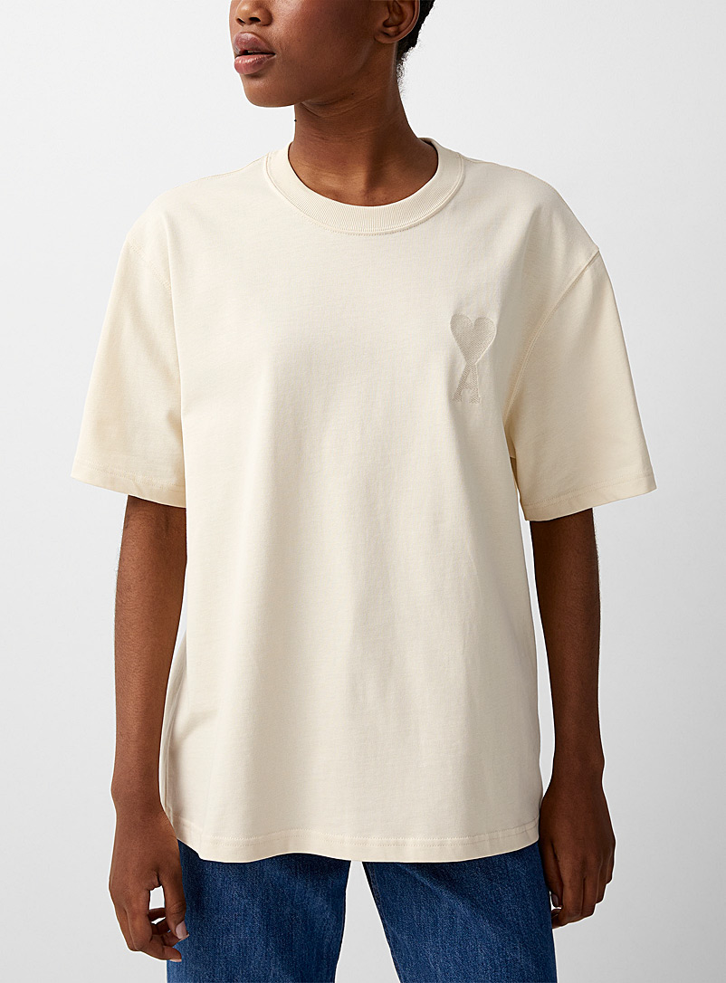 Ami Cream Beige Monochrome appliqué Ami de Coeur T-shirt for women