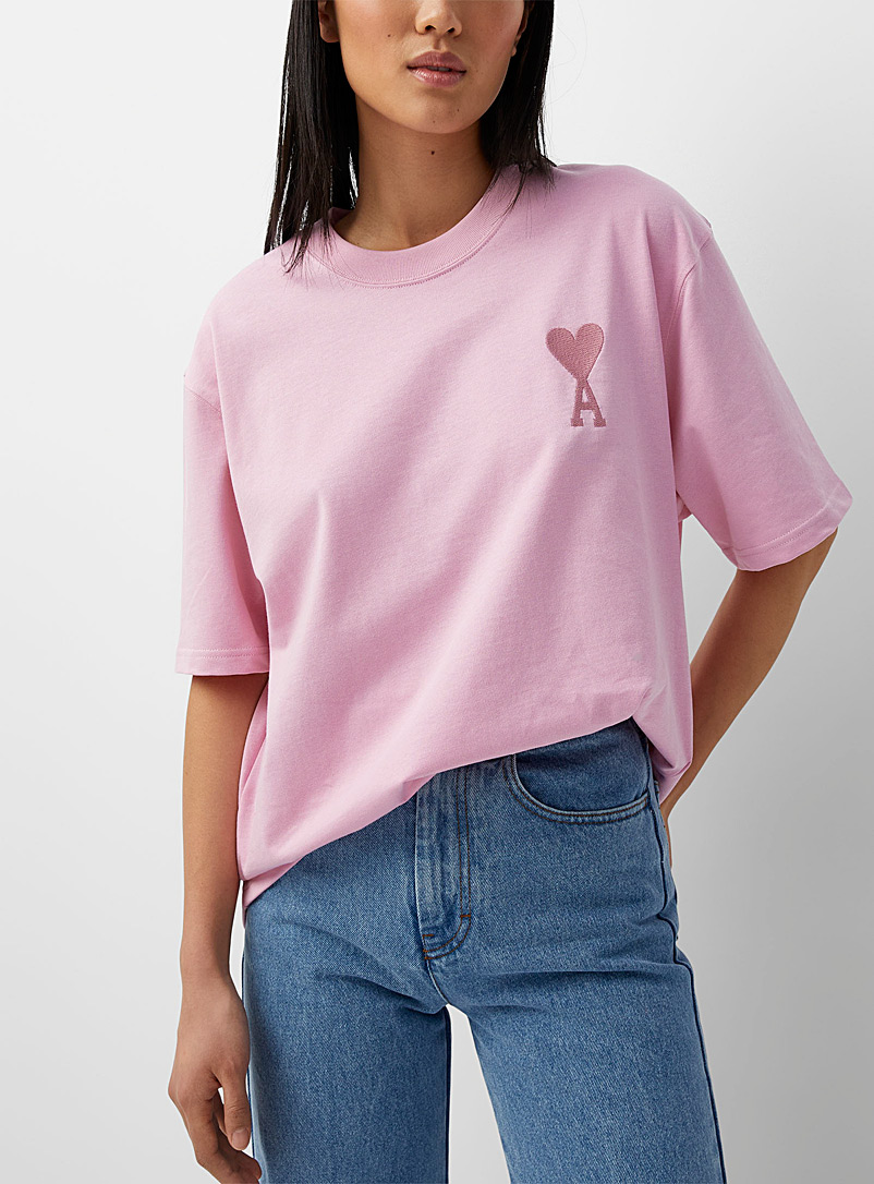 Ami Dusky Pink Monochrome appliqué Ami de Coeur T-shirt for women
