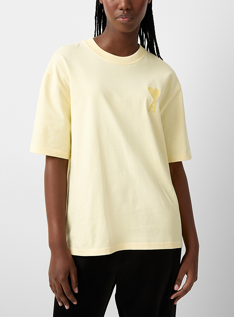 Ami Light Yellow Monochrome appliqué Ami de Coeur T-shirt for women