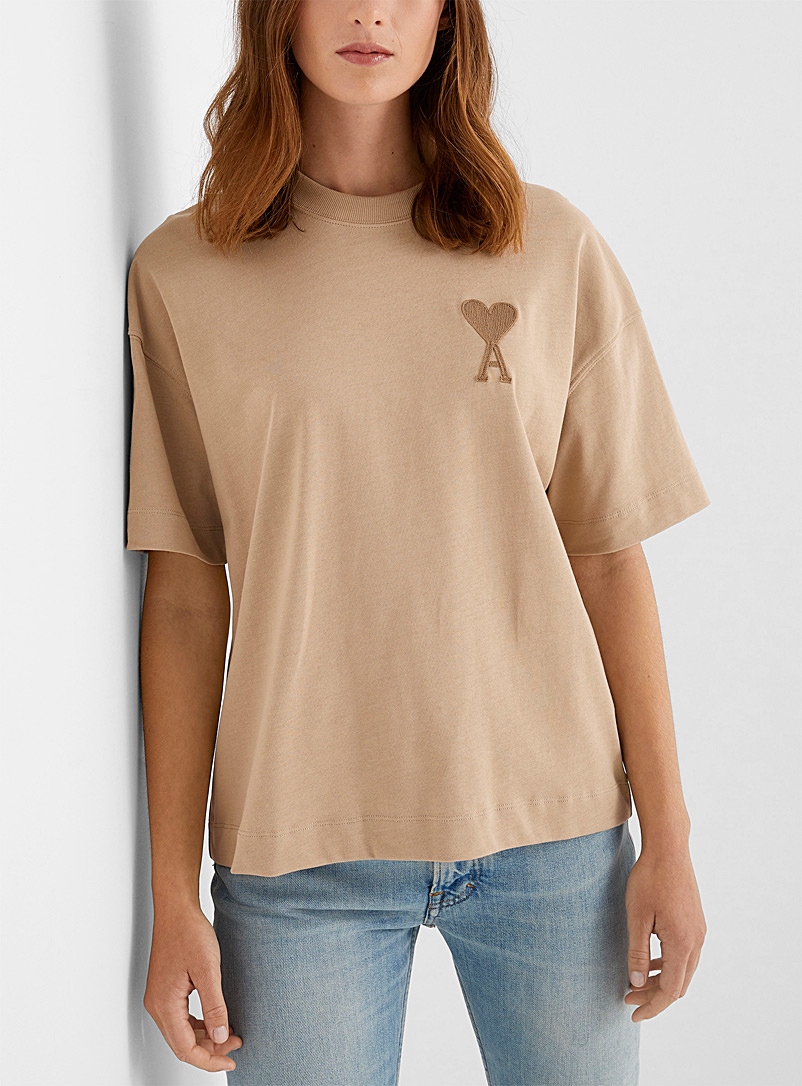 Ami Cream Beige Ami de Coeur embroidered tone-on-tone T-shirt for women