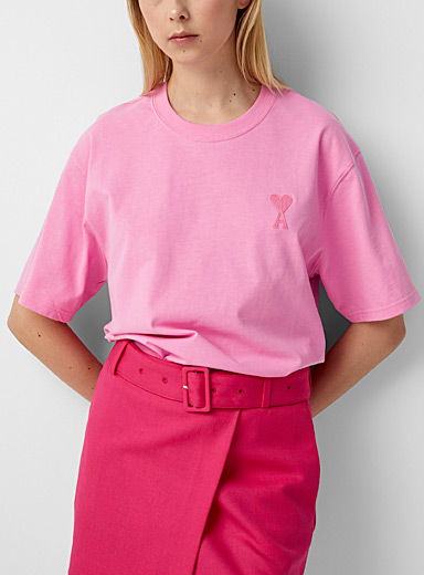 Ami Medium Pink Ami de Coeur embroidered T-shirt for women