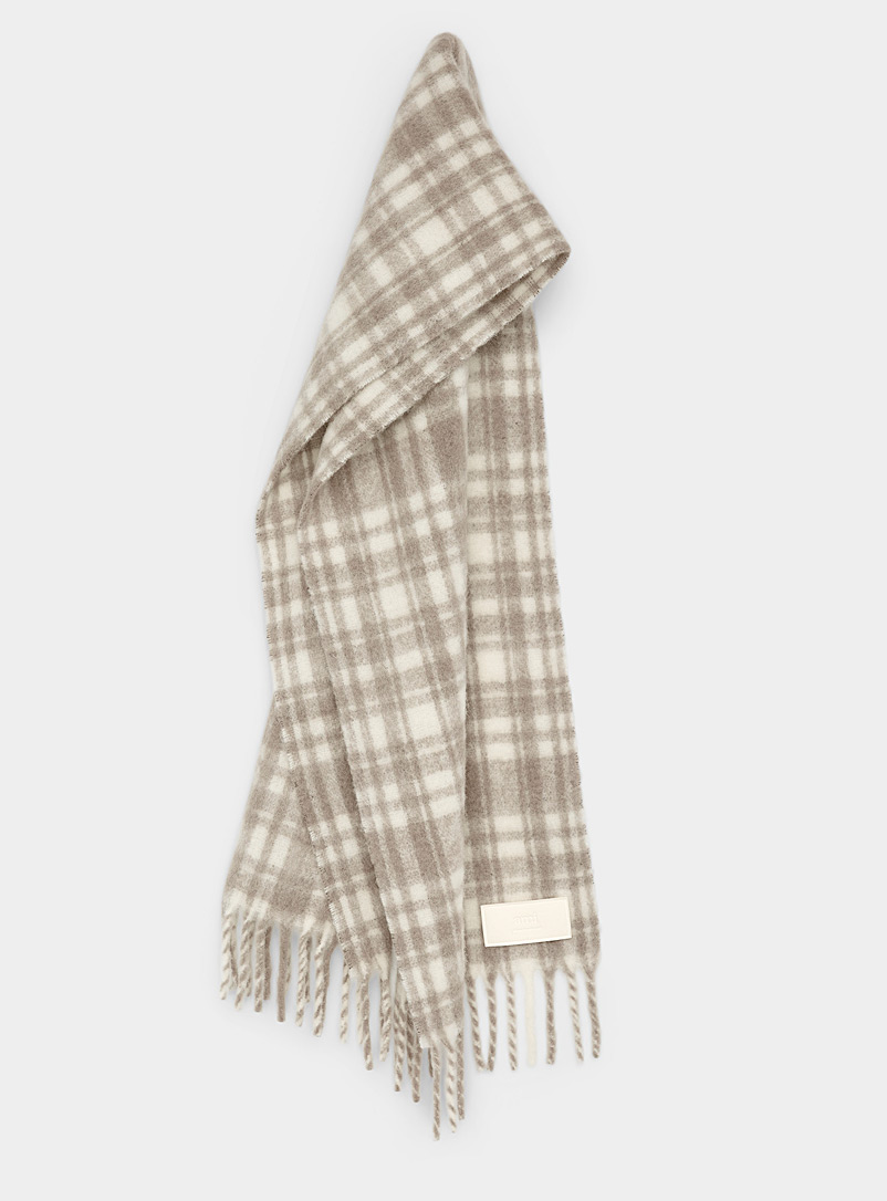 Ami Patterned Ecru Alpaca checkered scarf for women