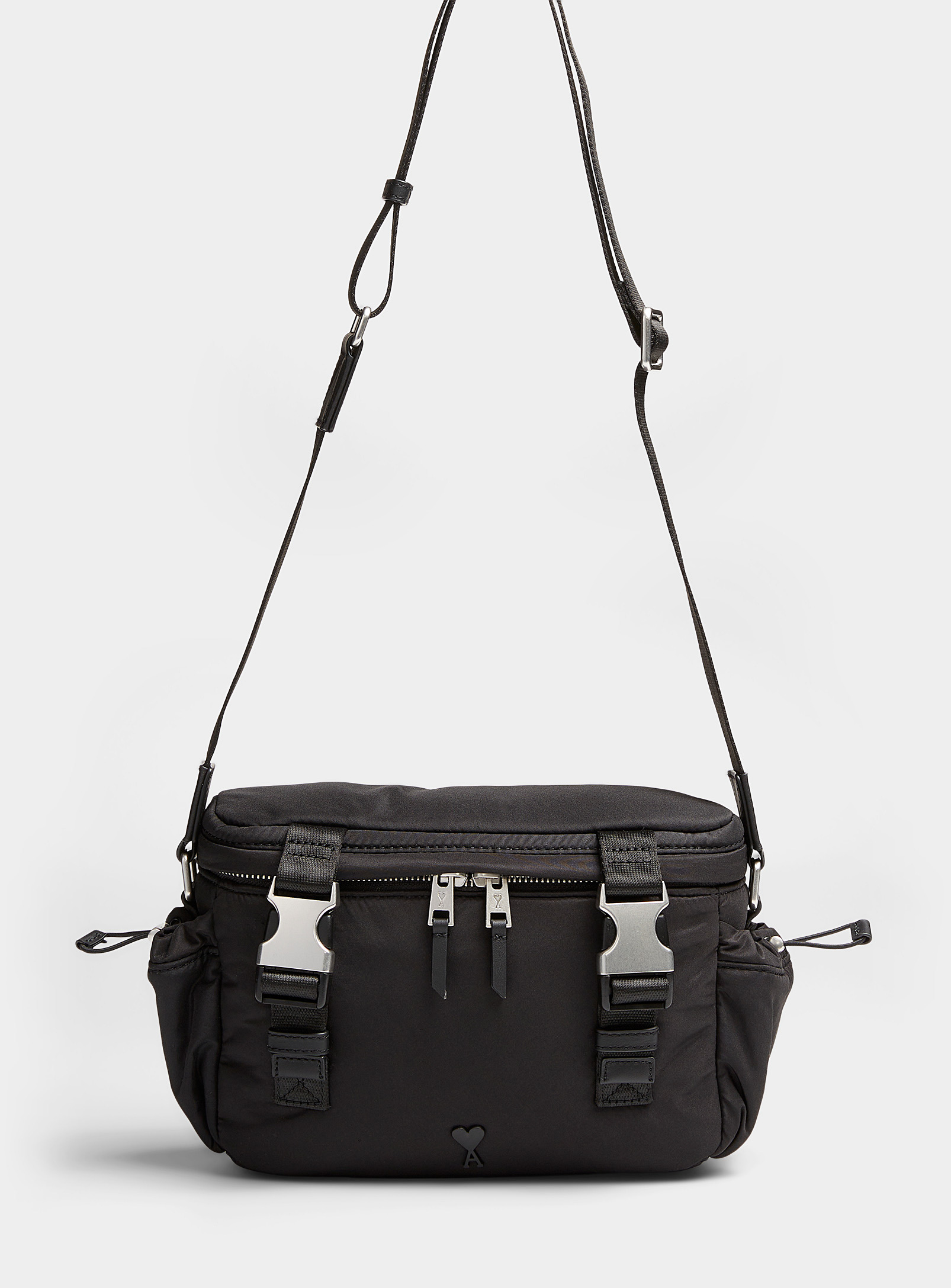 Shop Ami Alexandre Mattiussi Ami De Coeur Fabric And Leather Messenger Bag In Black