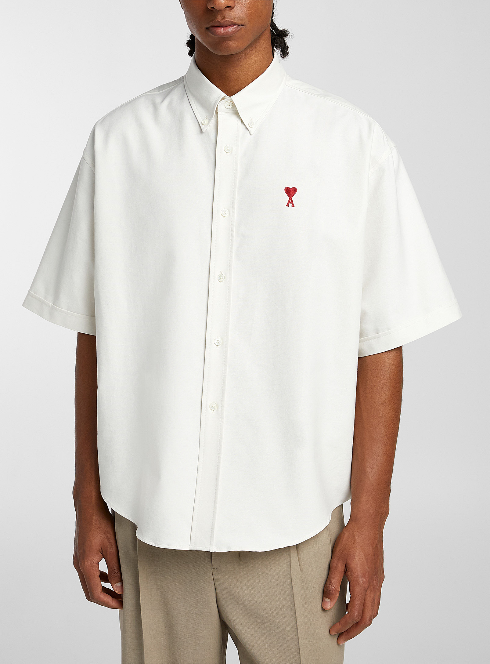 Shop Ami Alexandre Mattiussi Embroidered Heart Piqué Shirt In Ivory White