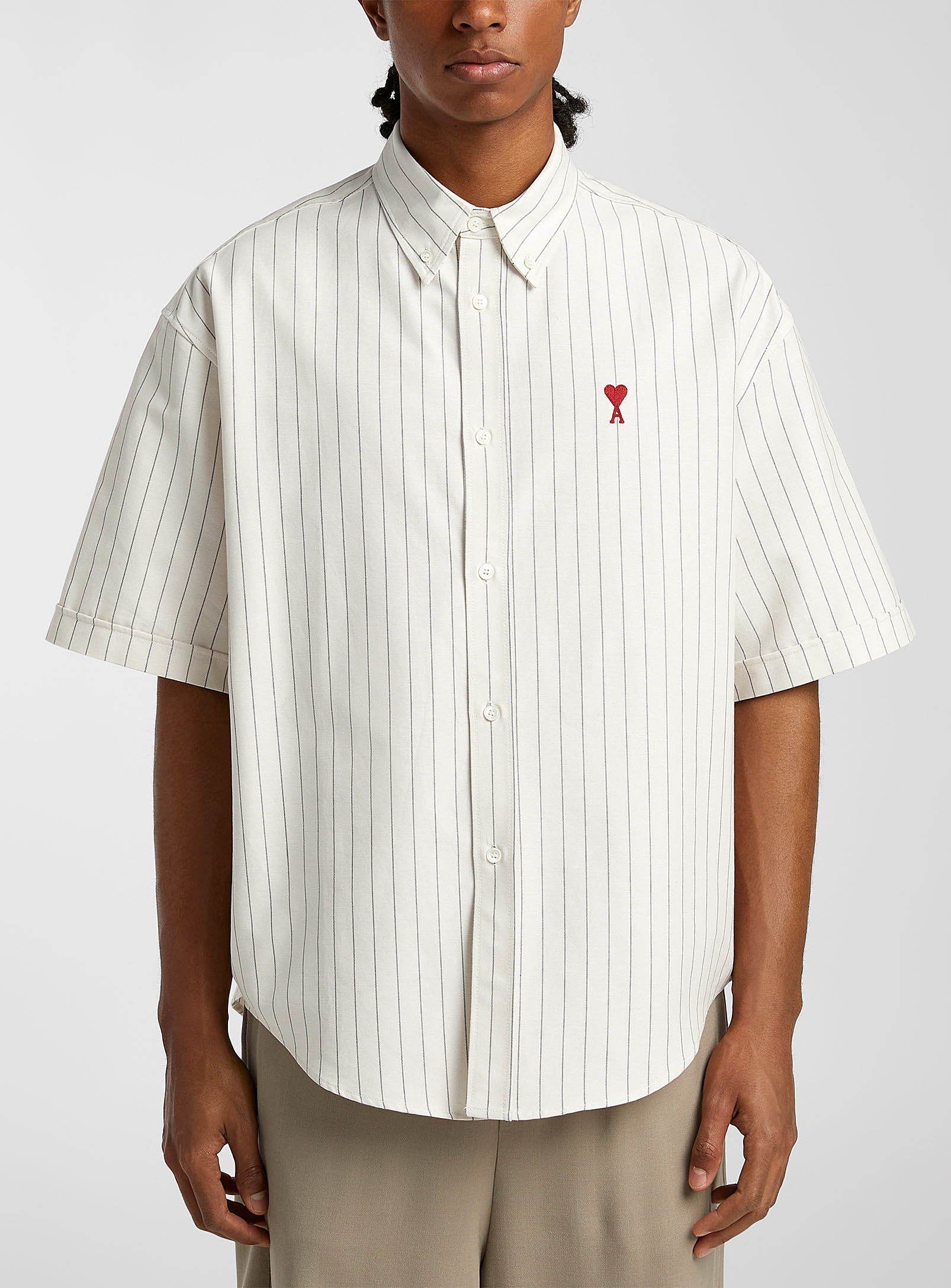 Ami Alexandre Mattiussi Embroidered Logo Striped Shirt In Ivory White