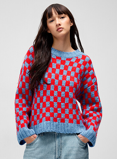 Twik Patterned Blue Thick checkered knit sweater for women