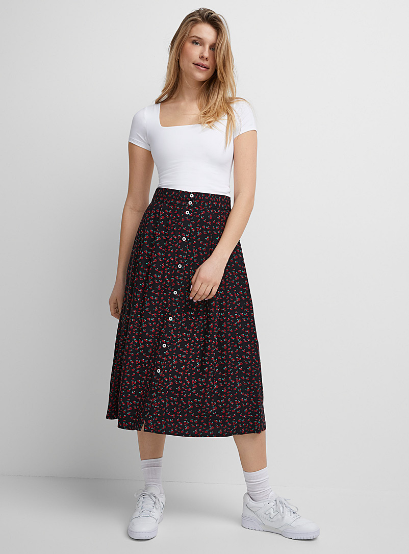 Icône Patterned Red Buttoned flowy skirt for women