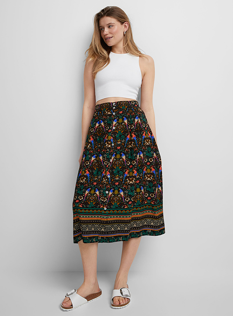 Icône Patterned Black Buttoned flowy skirt for women